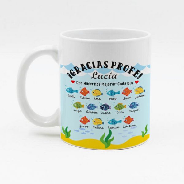 Taza de cerámica regalo para profe, regalo fin de curso, personalizada con nombres de los alumnos