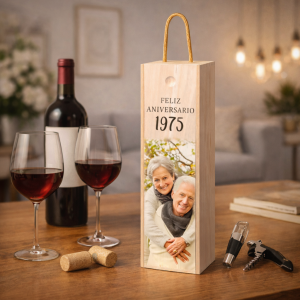 Caja de madera para vino personalizada foto y texto