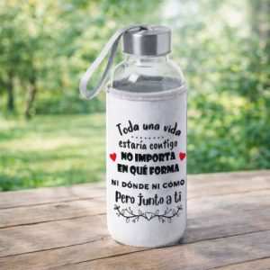 Botella bidón de cristal con funda de tela, San Valentín, toda una vida junto a ti