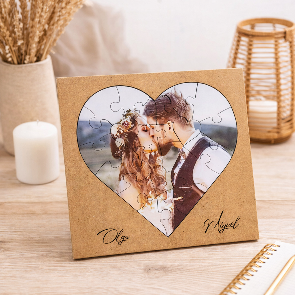 Puzzle de madera personalizado con marco, forma corazón