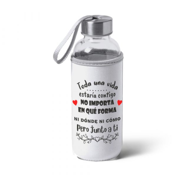 Botella bidón de cristal con funda de tela, San Valentín, toda una vida junto a ti