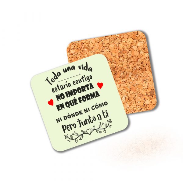 Posavasos de madera cuadrado, San Valentín, toda una vida junto a ti