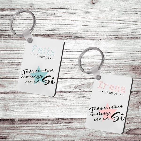 Pack Llaveros personalizados, San Valentín, Toda aventura comienza con un sí