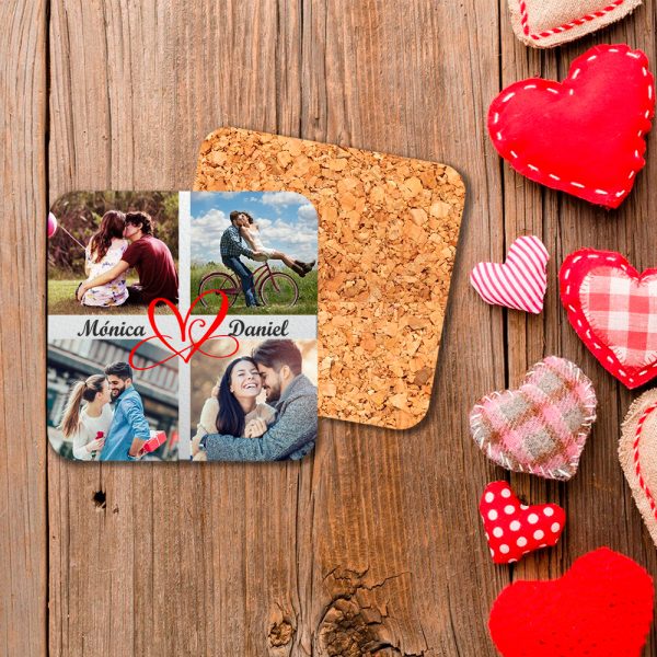 Posavasos de madera cuadrado personalizado, San Valentín, cuatro fotos