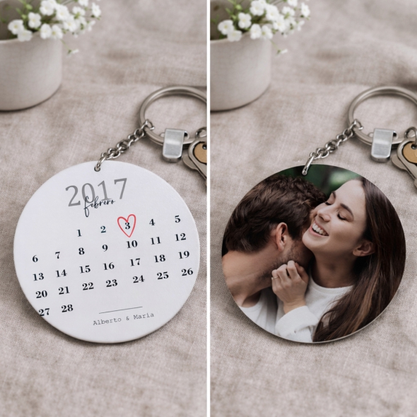 Llavero plástico duro redondo personalizado, San Valentín, Calendario Aniversario