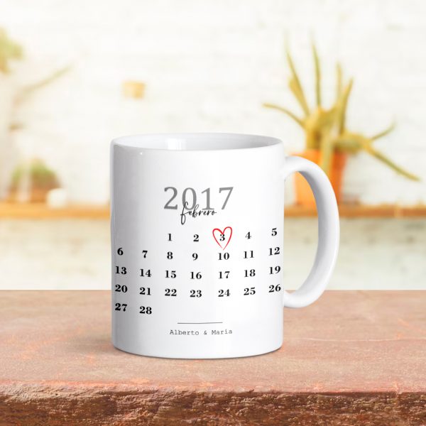 Taza de cerámica personalizada, San Valentín, calendario aniversario