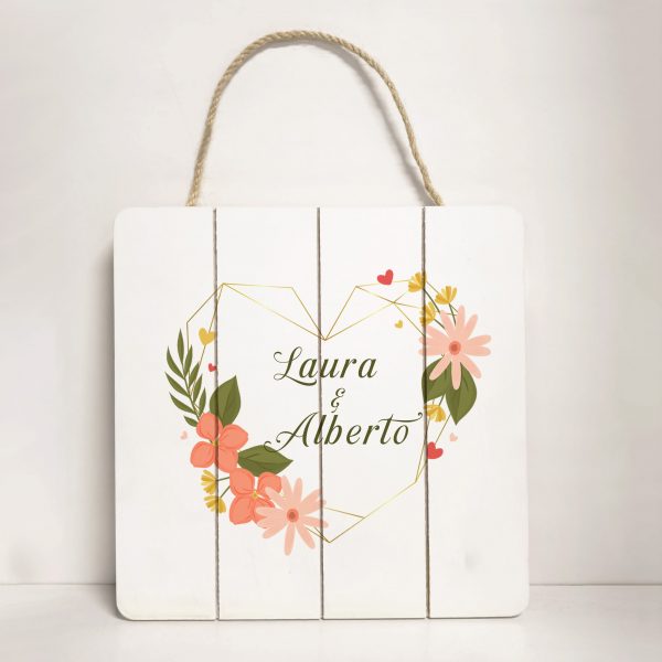 Tablero decorativo madera, colgante, personalizado, Corona flores forma corazón naranja - Imagen 2