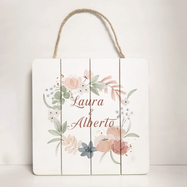 Tablero decorativo madera, colgante, personalizado, Corona flores naranjas - Imagen 2