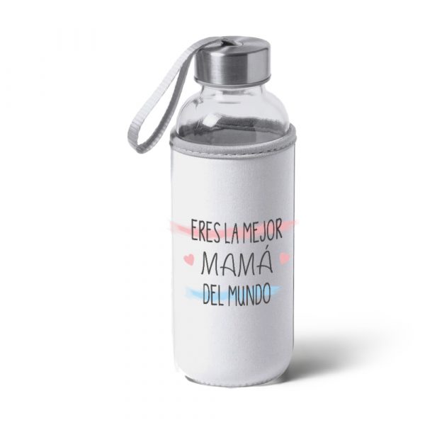 Botella bidón de cristal con funda de tela, Día de la madre, la mejor mamá del mundo