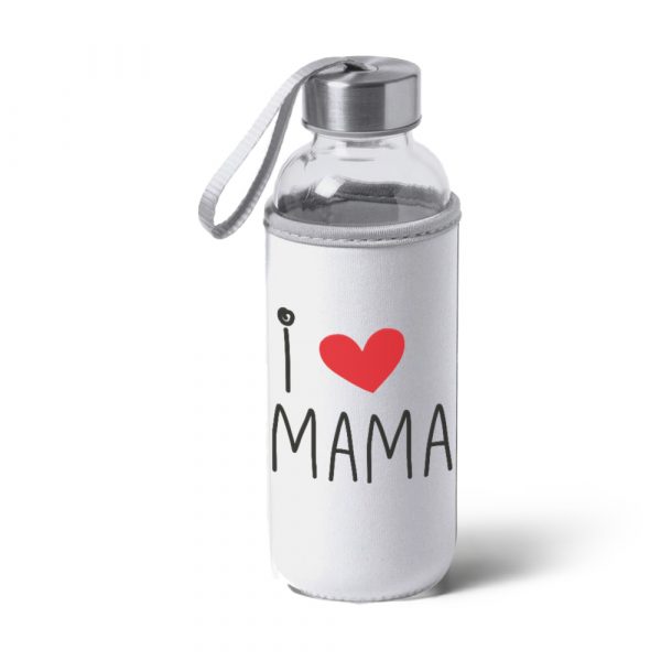 Botella bidón de cristal con funda de tela, Día de la madre, i love mamá
