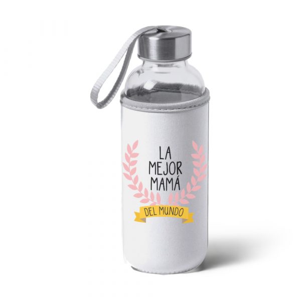 Botella bidón de cristal con funda de tela, Día de la madre, la mejor mamá del mundo