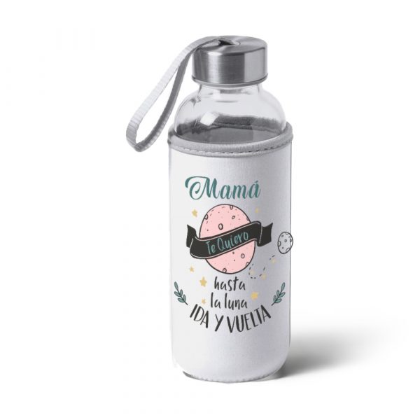 Botella bidón de cristal con funda de tela, Día de la madre, hasta la luna ida y vuelta