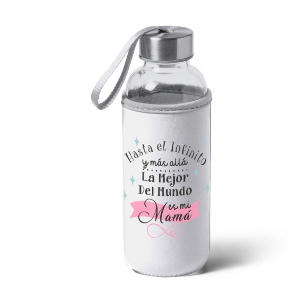 Botella bidón de cristal con funda de tela, Día de la madre, hasta el infinito y más allá