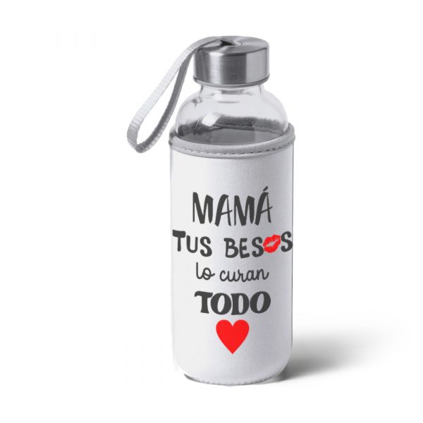 Botella bidón de cristal con funda de tela, Día de la madre, tus besos lo curan todo