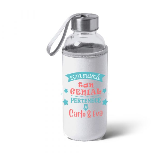 Botella bidón de cristal con funda de tela, Día de la madre, mamá tan genial