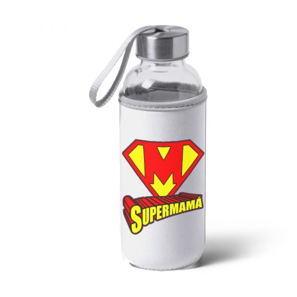 Botella bidón de cristal con funda de tela, Día de la madre, supermamá