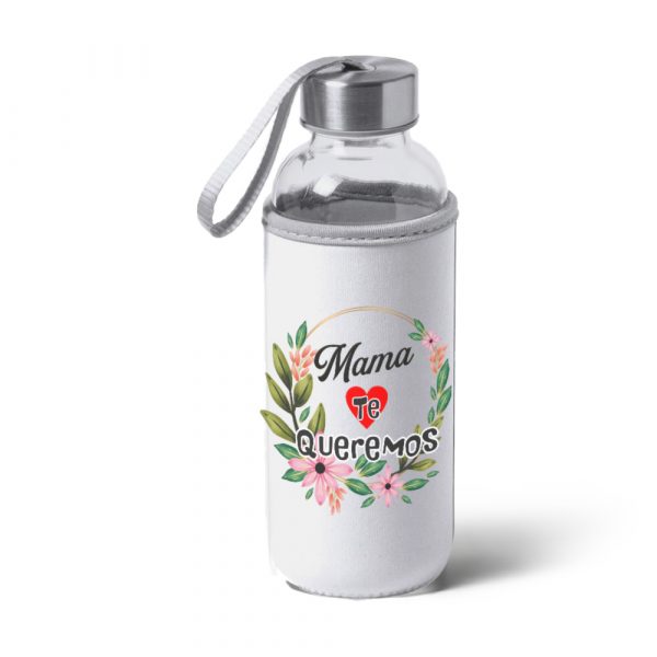 Botella bidón de cristal con funda de tela, Día de la madre, te queremos