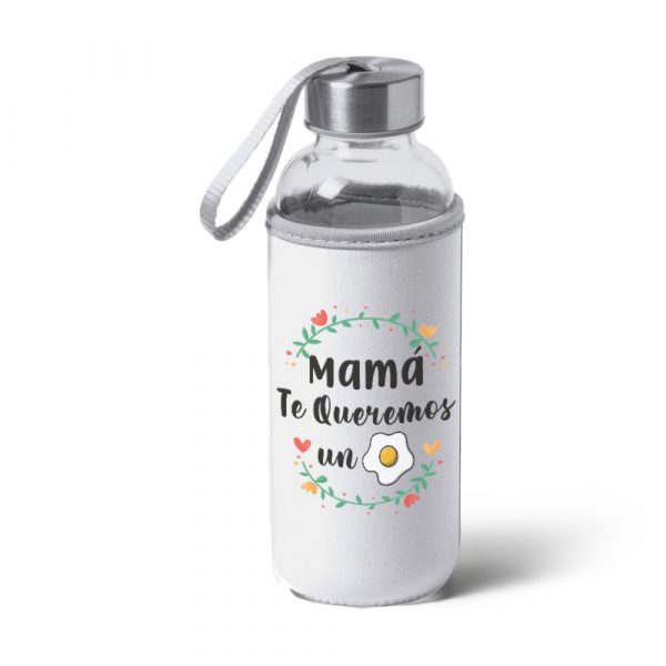 Botella bidón de cristal con funda de tela, Día de la madre, te queremos un huevo