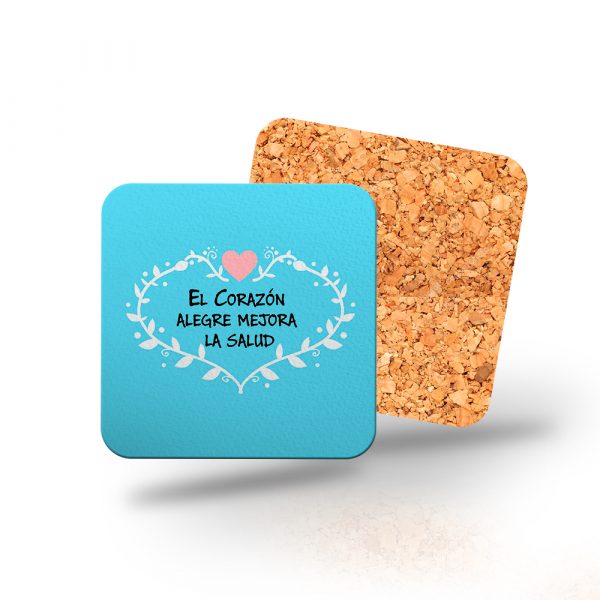 Posavasos de madera cuadrado, el corazón alegre mejora la salud