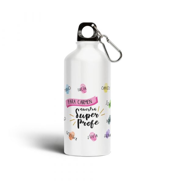 Botella cantimplora de aluminio, para profe, super profe, huellas con nombres personalizables