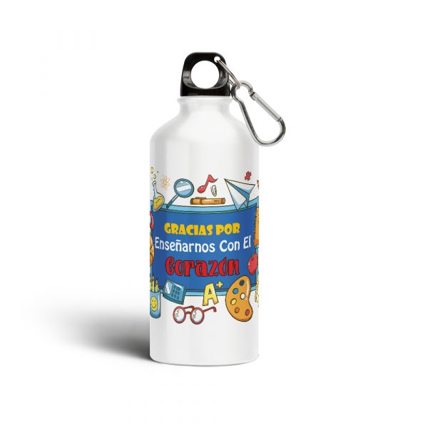 Botella cantimplora de aluminio, para profe, gracias por enseñarnos con el corazón