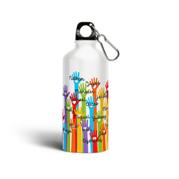 Botella cantimplora de aluminio, para profe, Manos con nombres personalizables