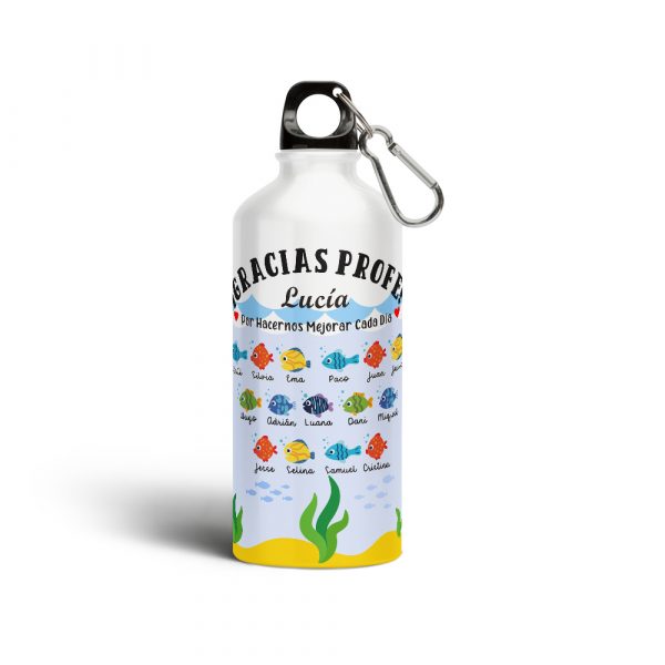 Botella cantimplora de aluminio, para profe, Peces con nombres personalizables