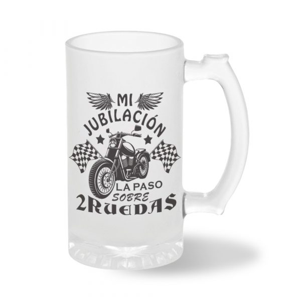 Jarra de cerveza de cristal, para jubilados, mi jubilación sobre 2 ruedas