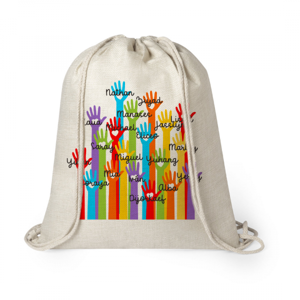 Mochila estilo nature de cuerda, para profe, Manos con nombres, personalizado