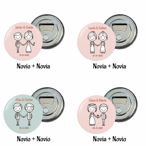 Chapa imán con abridor para boda dibujo parejas - Imagen 6