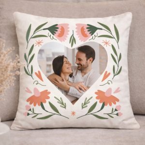 Cojín personalizado diseño floral con foto forma corazón