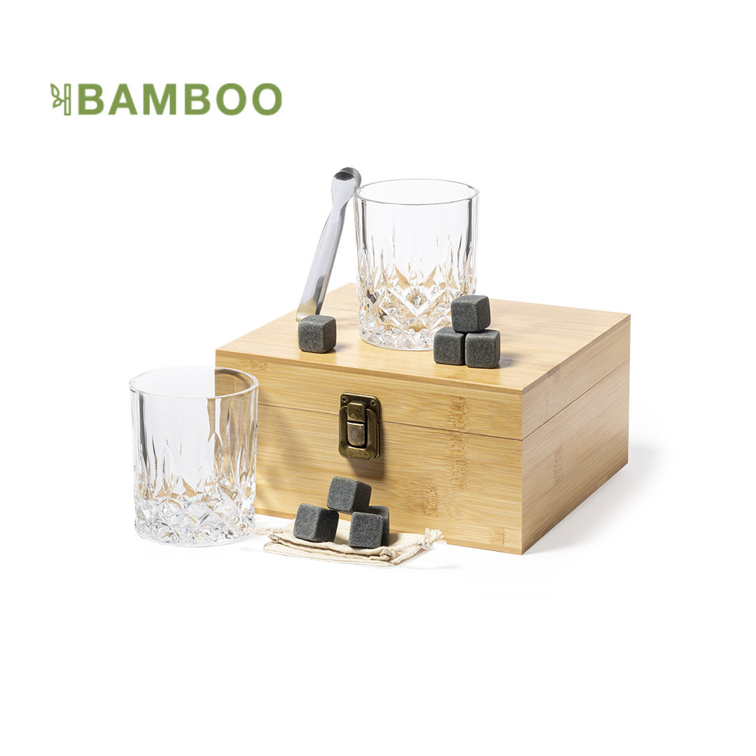 Set Whisky bambú con vasos y cubitos en piedra natural Ref: 1706