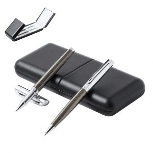 Set premium de bolígrafo y roller publicitario cromado con estuche de polipiel Ref: 1277