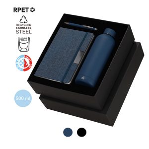 Set de bloc de notas y bolígrafo y bidón térmico acero inox. Ref: 22366